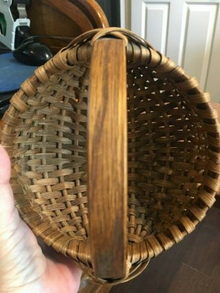 SMALL VINTAGE WOVEN BUTTOCK EGG BASKET GOD ' S EYE SUPPORT BENTWOOD HANDLE PRETTY 5