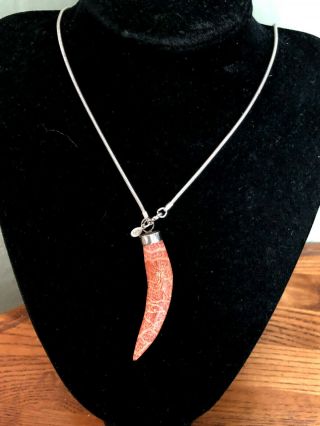 Vintage Antique Sterling Silver Coral Tooth Necklace Signed Crown P D S13
