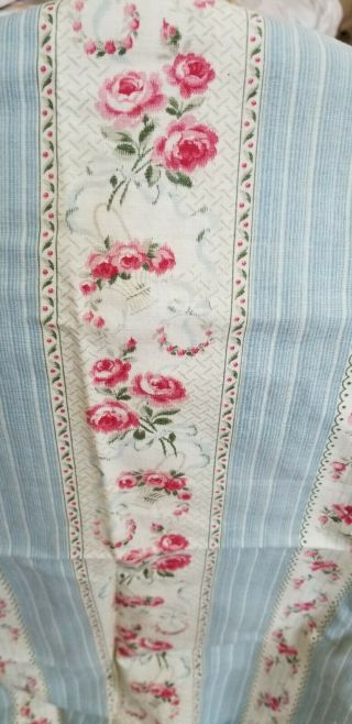 France Vintage Antique Roses Floral Flower Fabric With French Blue Strips