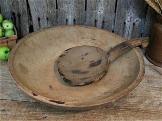 Aafa Early Antique Primitive Wood Dough Bowl W/ Rim & Hooked Scoop 13 "