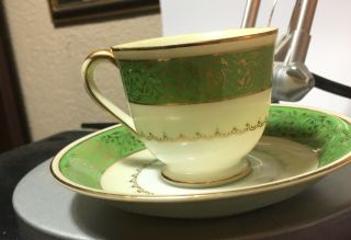 Vintage Tea Cup & Saucer Green With Gold Inlay Has Stamp On Bottom