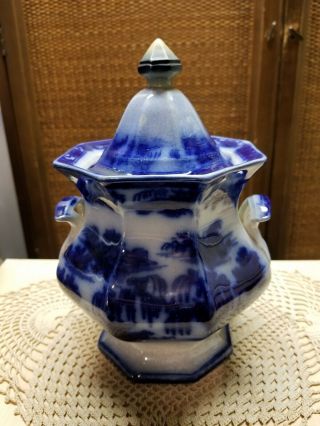 Antique Flow Blue Covered Sugar Bowl With Lid 8 " Unknown Maker