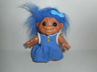 Vintage 1984 D.  A.  M.  Blue Polka Dot Dress Troll Doll 6 "
