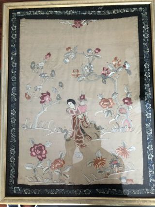 Pair Antique Chinese Embroidered Silk Framed Pannels 2