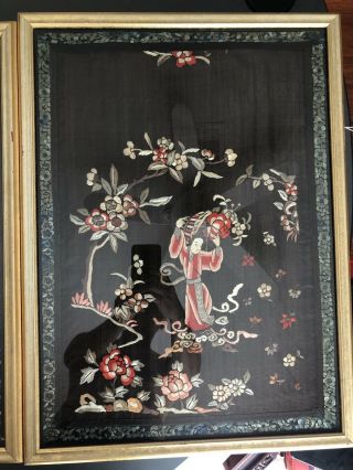 Pair Antique Chinese Embroidered Silk Framed Pannels 3