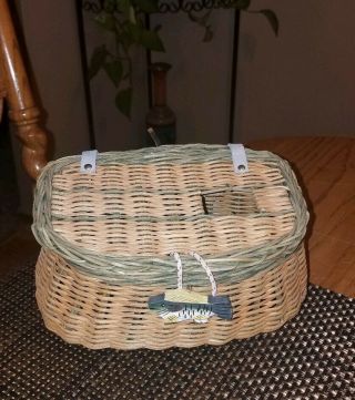 Vintage Small Mini Woven Wicker Fishing Creel Basket W/leather Strap