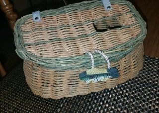 Vintage Small Mini Woven Wicker FISHING CREEL Basket w/Leather Strap 2