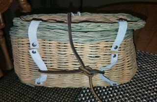 Vintage Small Mini Woven Wicker FISHING CREEL Basket w/Leather Strap 3