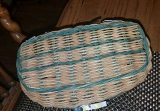Vintage Small Mini Woven Wicker FISHING CREEL Basket w/Leather Strap 4