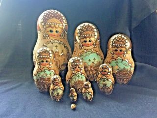 Vtg Russian Matryoshka Nesting Dolls 10 Pc Set Wood Burned Guilded Gold - Signed