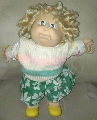 Vintage Cabbage Patch Cpk Doll Platinum Blonde Curly Blue Eyes Tongue Out Outfit
