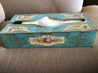 Vtg Tole Hand Painted Kleene Box Wall Mounted Holder Floral Turquoise Blue