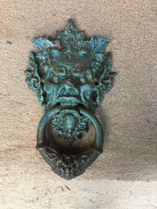 Antique Large Cast Iron Gothic Devils Face Door Knocker 12 " Tall