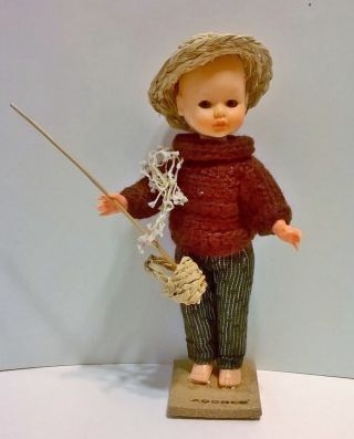 Doll Italy Stork Mark Fishing Boy Marked Acores Celluloid Vintage 7 1/2 "
