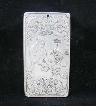 Collectable Handmade Carved Statue Tibet Silver Amulet Pendant Zodiac Monkey