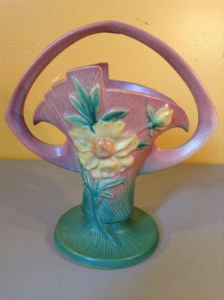 Vintage Antique Roseville Art Pottery - Peony 378 - 10 " Basket Large Handled