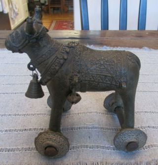 Antique India Bronze Sacred Cow Temple Toy Figure On Wheels Signed