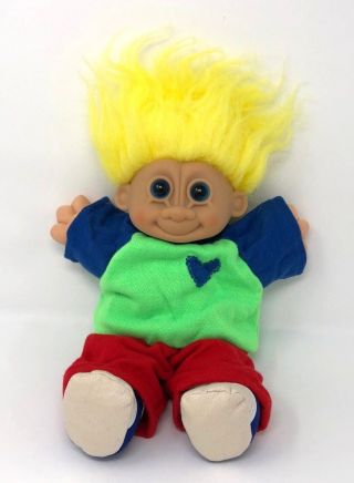Russ Troll Doll Plush Soft Body Green Shirt With Red Pants Yellow Hair 12 "