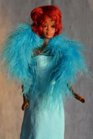 Vintage Barbie Handmade Turquoise Sheath Evening Dress W Feather Boa
