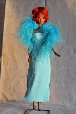 Vintage Barbie Handmade Turquoise Sheath Evening Dress w Feather Boa 2