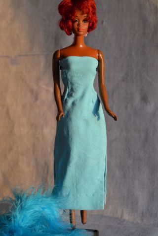 Vintage Barbie Handmade Turquoise Sheath Evening Dress w Feather Boa 3
