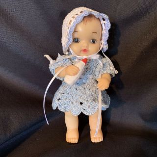Vintage Soft Vinyl Baby Doll With Bottle Jointed Crocheted Outfit 6” Ooak Japan