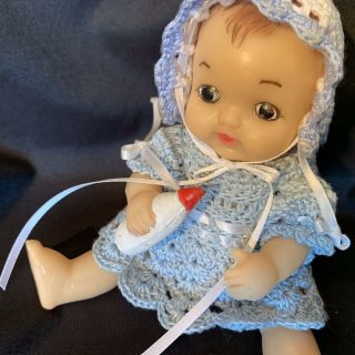 Vintage Soft Vinyl Baby Doll With Bottle Jointed Crocheted Outfit 6” OOAK Japan 2