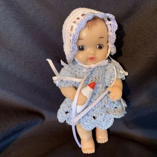 Vintage Soft Vinyl Baby Doll With Bottle Jointed Crocheted Outfit 6” OOAK Japan 3