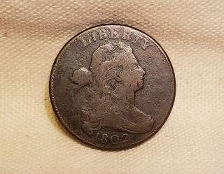 Antique 1802 Draped Bust Large Cent Piece Fine,  Even Toning