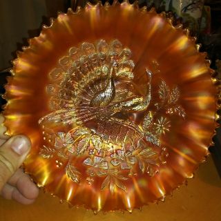 Carnival Peacock Tail Marigold Crimped Edge Glass Bowl Dish Peach Antique