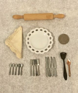 Vintage Dollhouse Miniatures Kitchen Silverware Rolling Pin Platter Napkin Set
