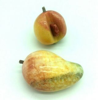 Vintage Italian Alabaster Stone Fruit Pair Peach And Mango Wood Stem