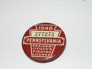 Antique 1948 Pa State Fishing License Button Pin 277272