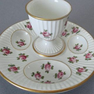 Antique Mehun France Porcelain Egg Cup 3 Wells Hp Roses Pillivuyt Rovina Epinal