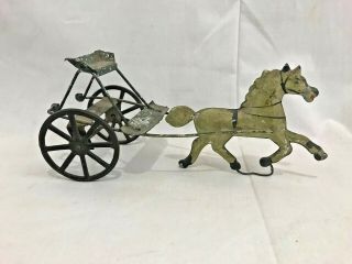 Great Orig.  Antique 19thc Cold Painted Tin Horse & Surrey Toy Cast Iron Wheels