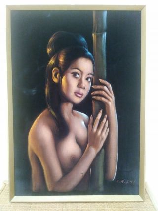 Vintage 1969 Oil Painting On Black Velvet Nude Woman Bamboo Signed 25 " X 17 ".