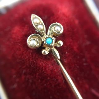 Antique 14k Yellow Gold Seed Pearl & Turquoise Fleur De Lis Stick Pin Lapel Hat