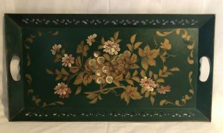 Vintage Green Metal Toleware Serving Tray Platter Rectangle Gold Flowers Grapes