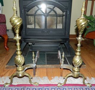 Antique Ornate Brass Fireplace Andirons With Claw And Ball Feet