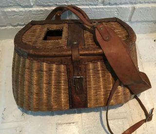 Antique Wicker Willow Fishing Creel Basket W/ Leather Shoulder Strap And Trim