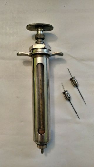 Vintage Metal And Glass Syringe Large 40 Cc Medical Instrument Old