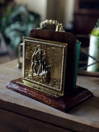 Nautical Decor Ships Vtg Boat Brass Wood Peerage Letter Napkin File Holder Fish