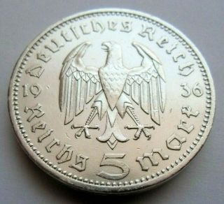 (386) Antique Wwii German 3rd Reich 1936 A 5 Reichsmark Silver Coin