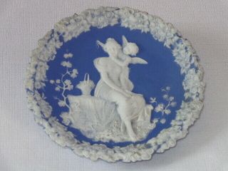 Antique German Blue & White Jasperware Bisque Plaque With Cupid
