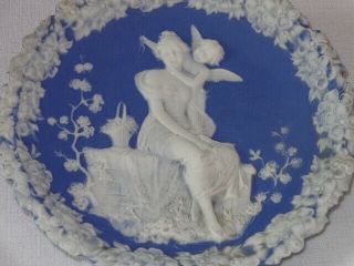 Antique German Blue & White Jasperware Bisque Plaque with Cupid 2