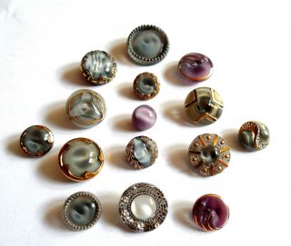 15 Vint.  German Glass Moonglow Buttons With Gold & Silver Luster Gray 3/8 " - 7/8 "