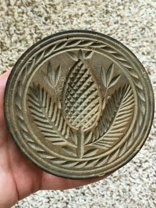 Large Antique Butter Stamp (mold,  Print) W/pineapple Pattern; Made From Walnut