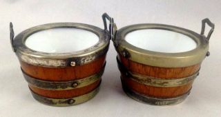Two Antique Oak Wood Silver Plated Bucket Salt Pots Mustard Ceramic Lining