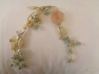 Victorian French Silk Ribbonwork Pink Rose Leaves And Forget Me Nots Vines 10 "