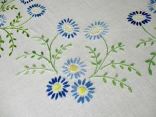 Vintage Tablecloth Hand Embroidered Blue Flowers - Linen